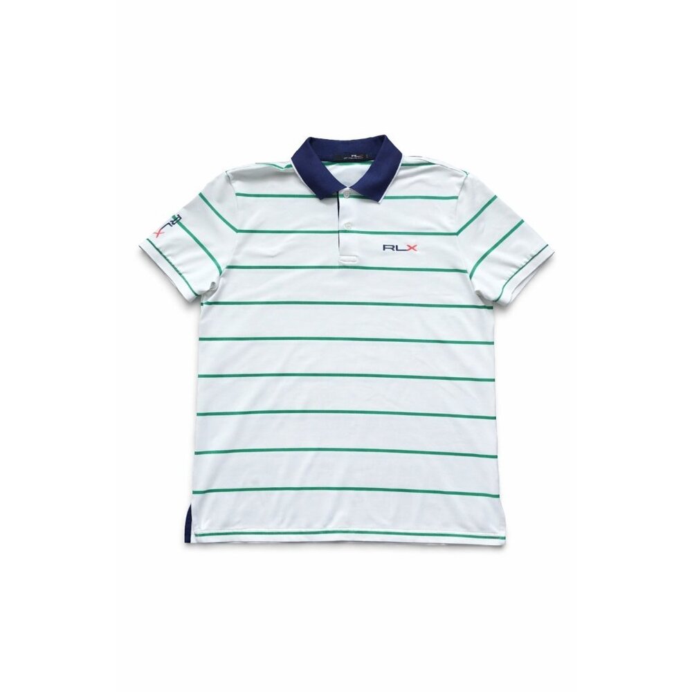 RLX Ralph Lauren Golf Polo Shirt Mens L White Green Striped Stretch
